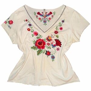 Y2K Vintage Embroidered V-Neck Tee Hippie Boho 60s 70s Retro T-Shirt